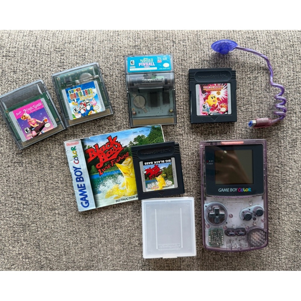 Nintendo Game Boy Color Atomic Purple Console Lot w/ Games & Worm Light- WORKING